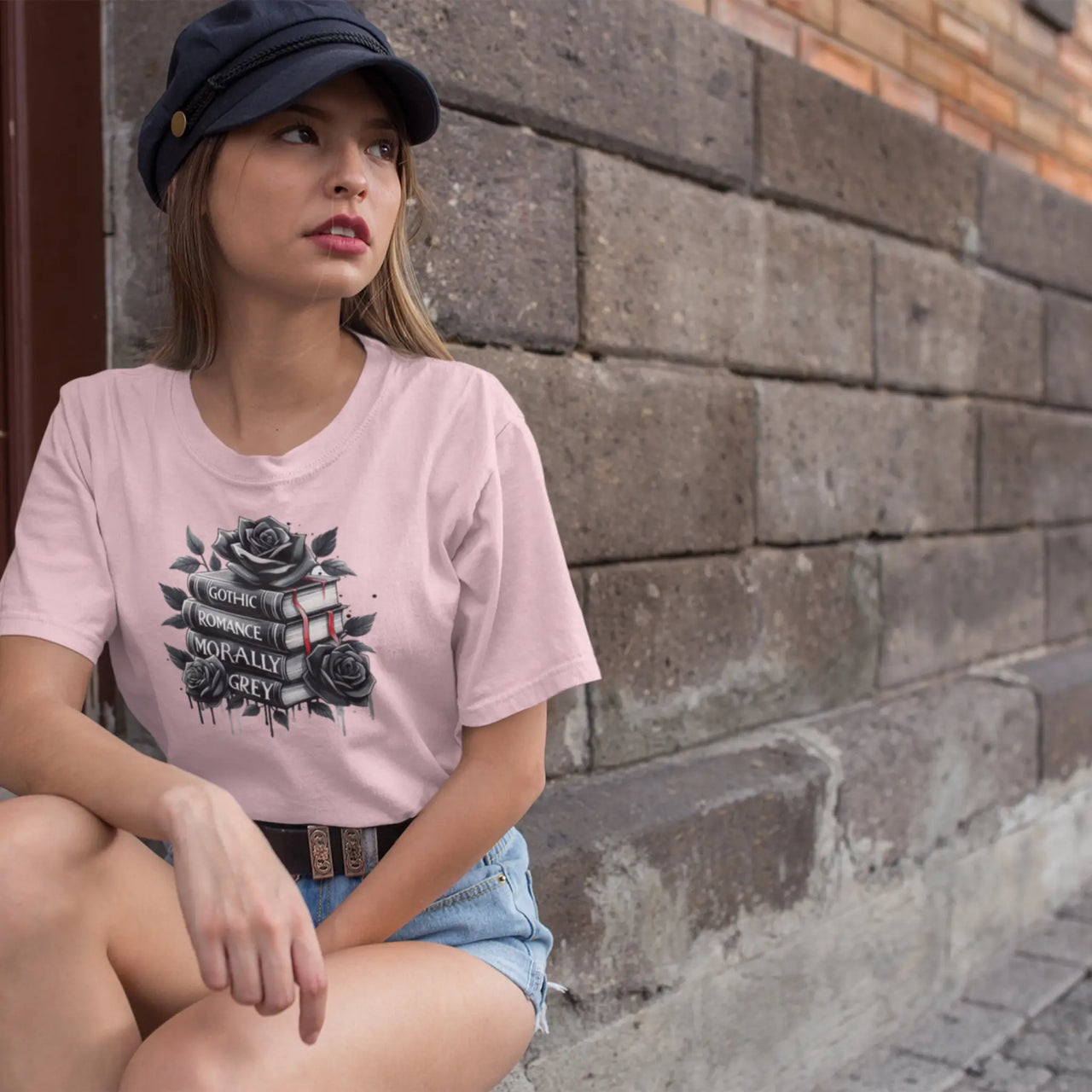 young woman with a hat wearing a light pink books and roses t-shirt