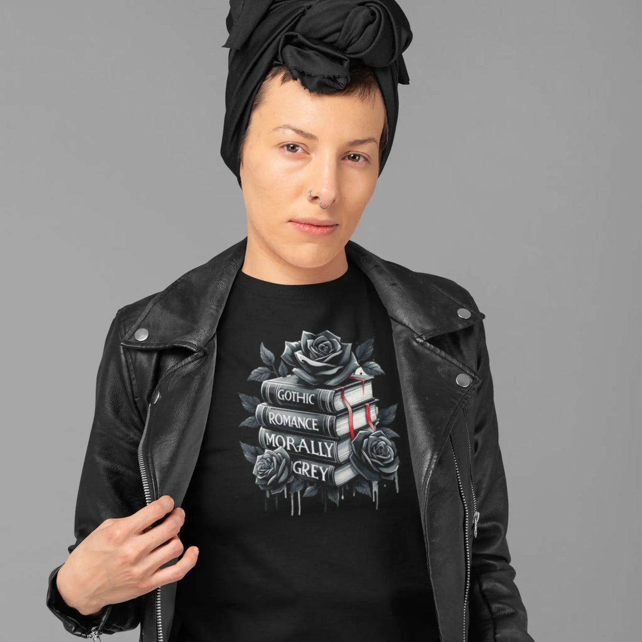 woman wearing a black books and roses t-shirt