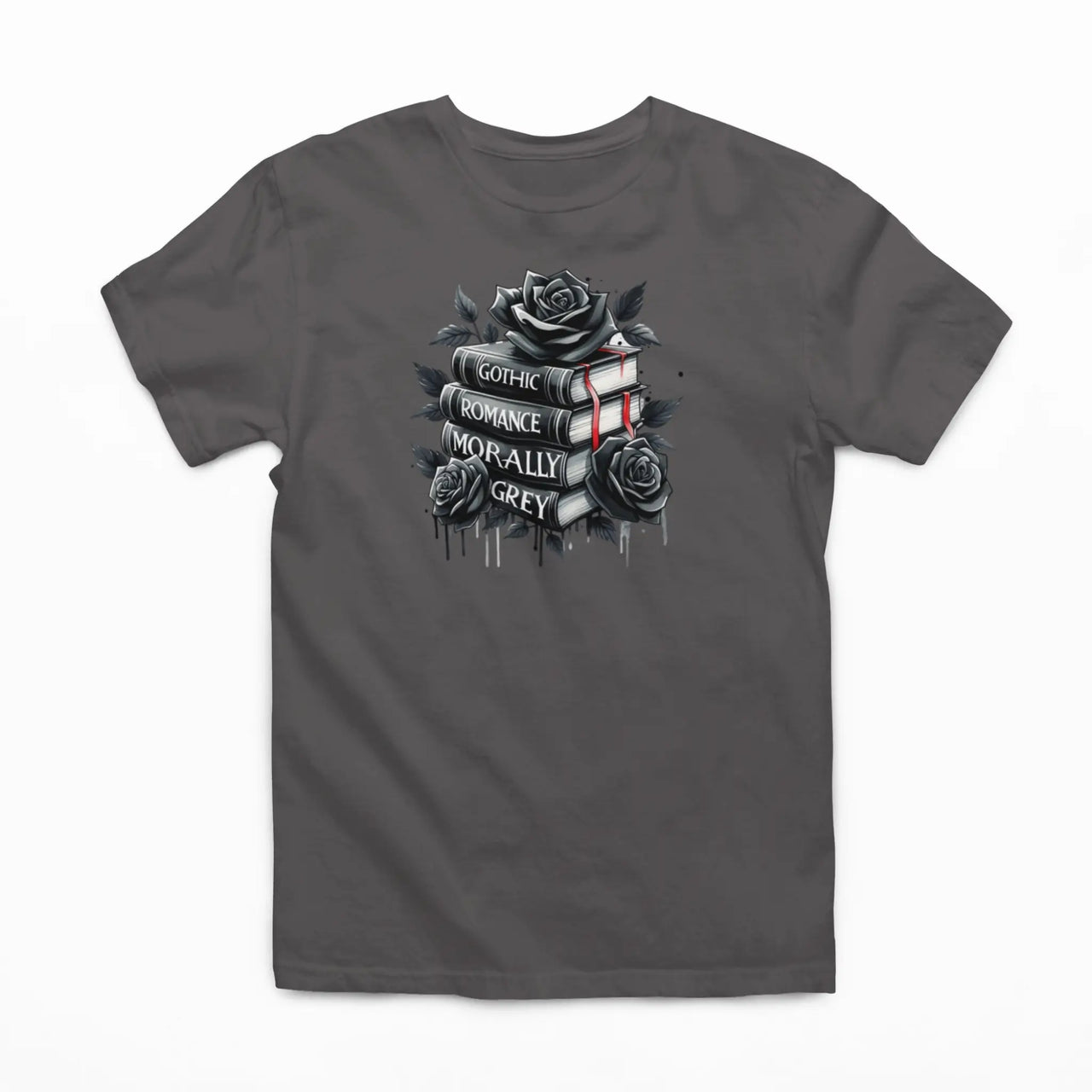 dark grey books and roses t-shirt