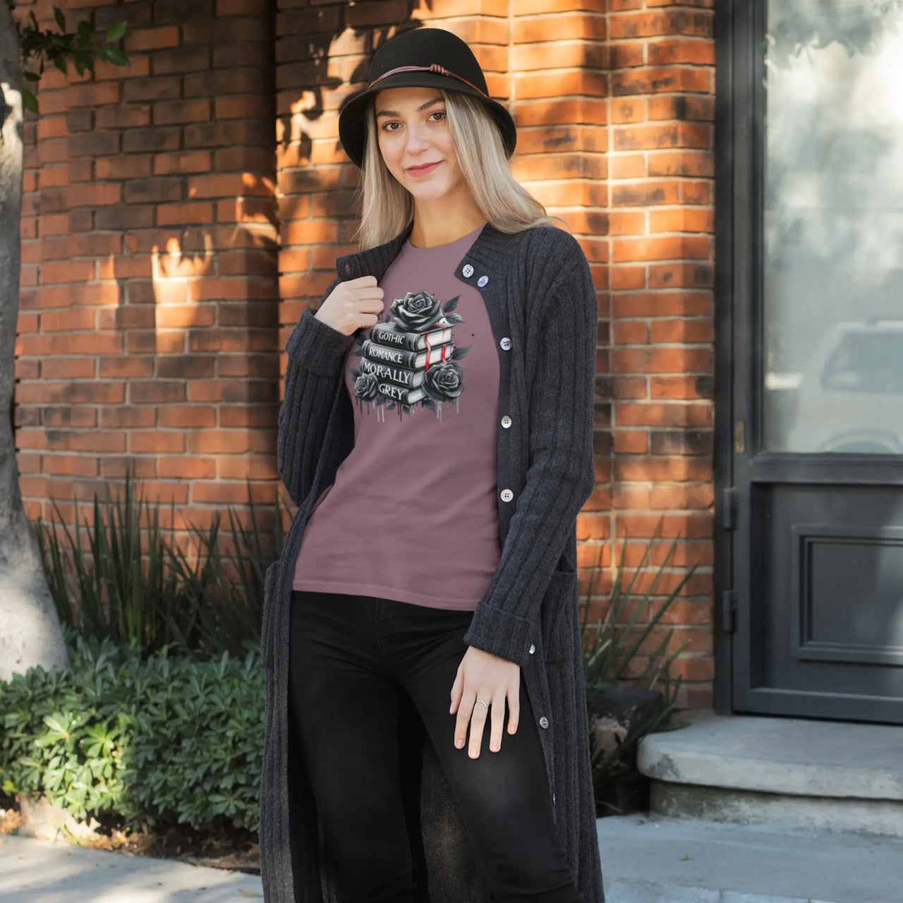 woman wearing a maroon books and roses t-shirt