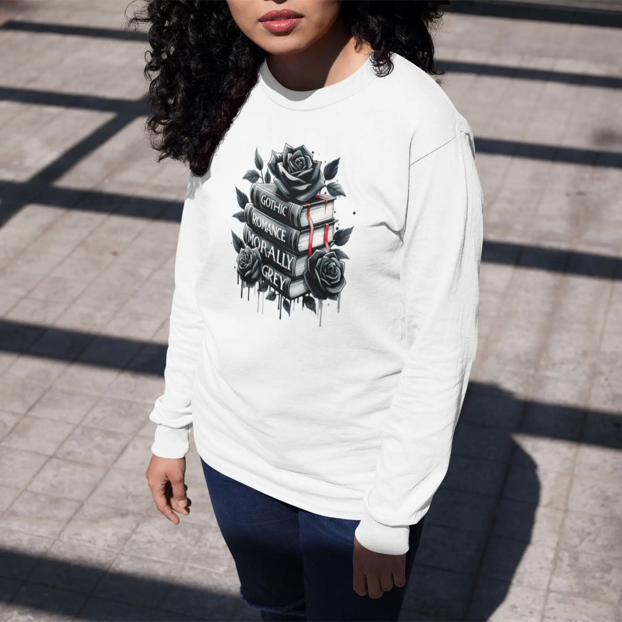 woman wearing a Bookish long sleeve tee in white