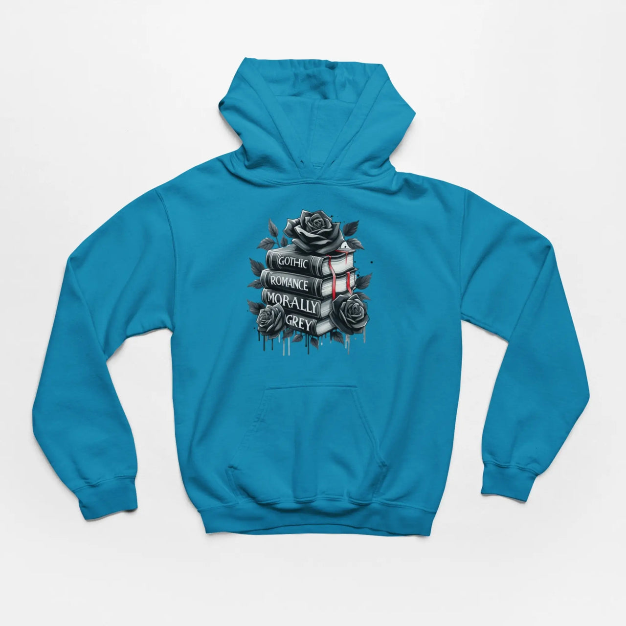 teal colored Books and Roses hoodie