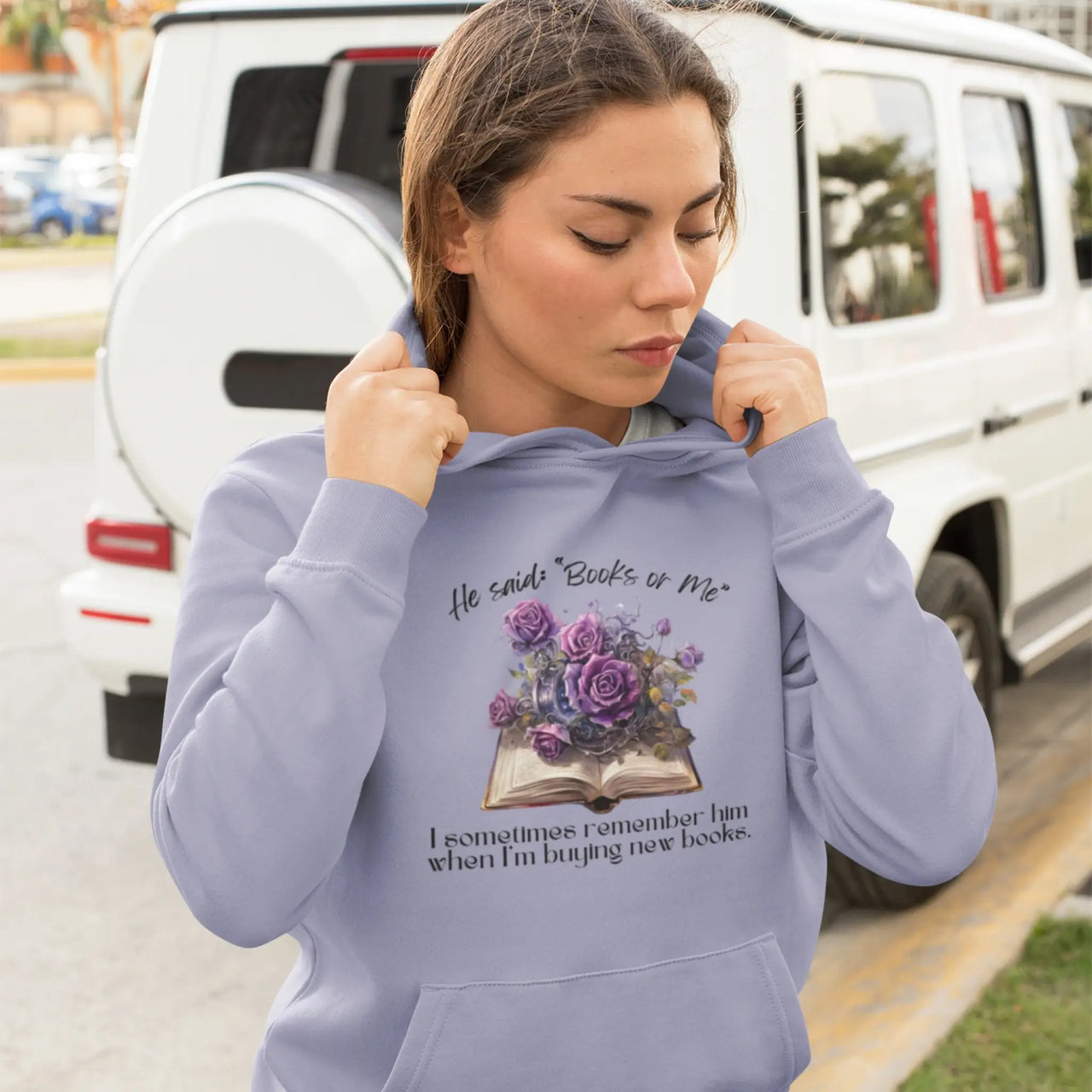 Woman wearing Violet Books Or Me Hoodie