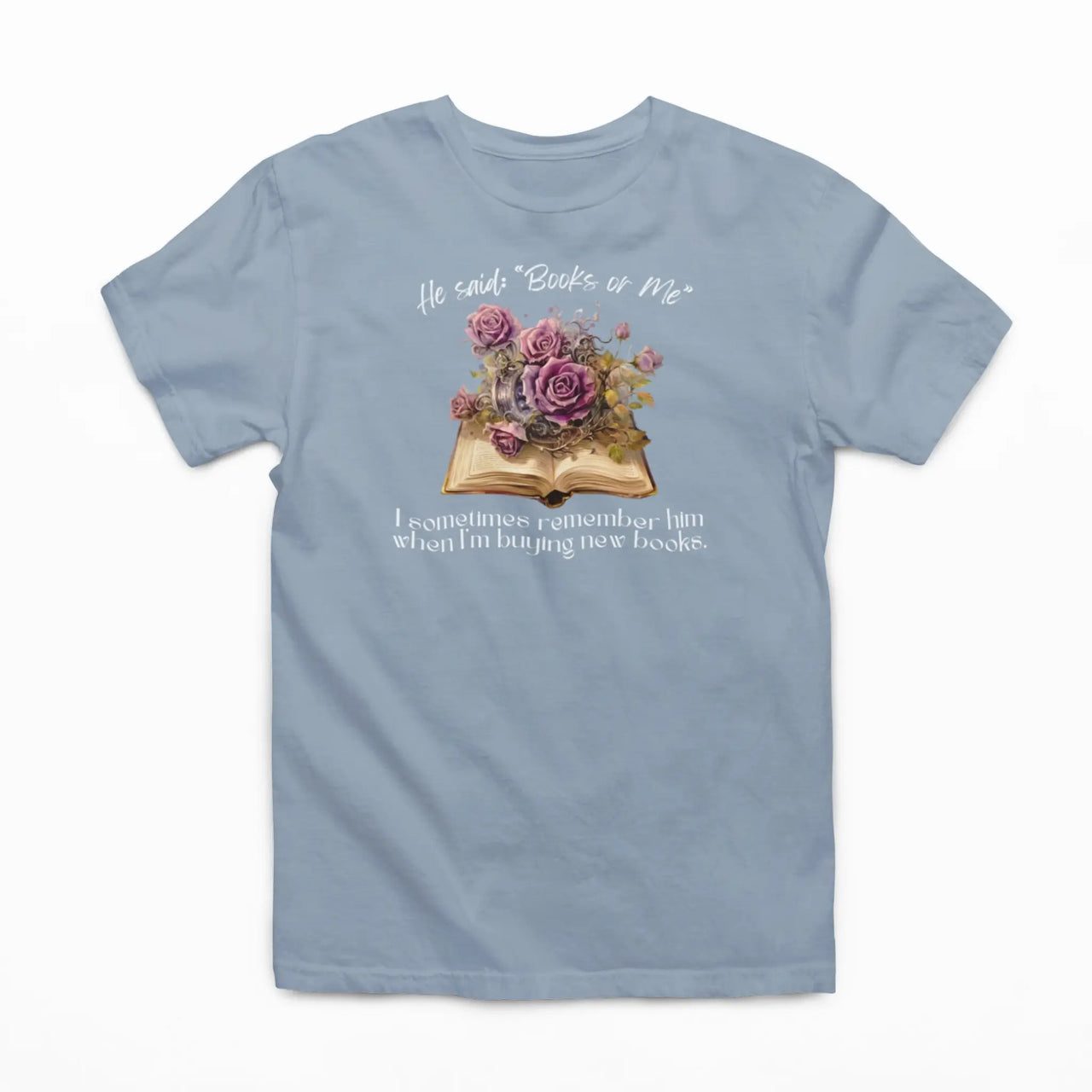 a books or me tshirt in blue with white text