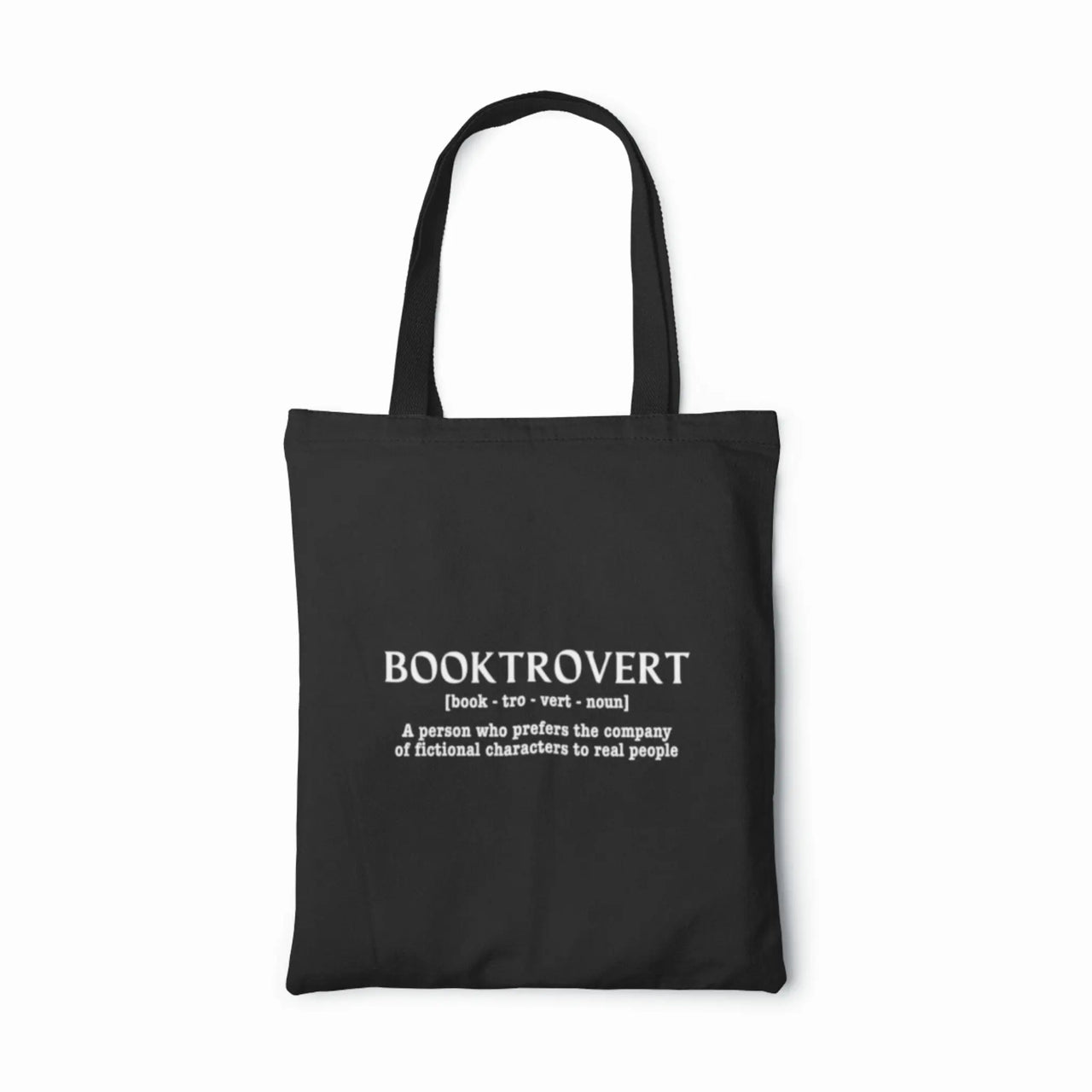 a black booktrovert tote with white writing