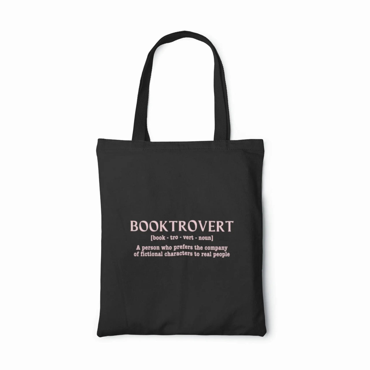 a black booktrovert tote with pink writing