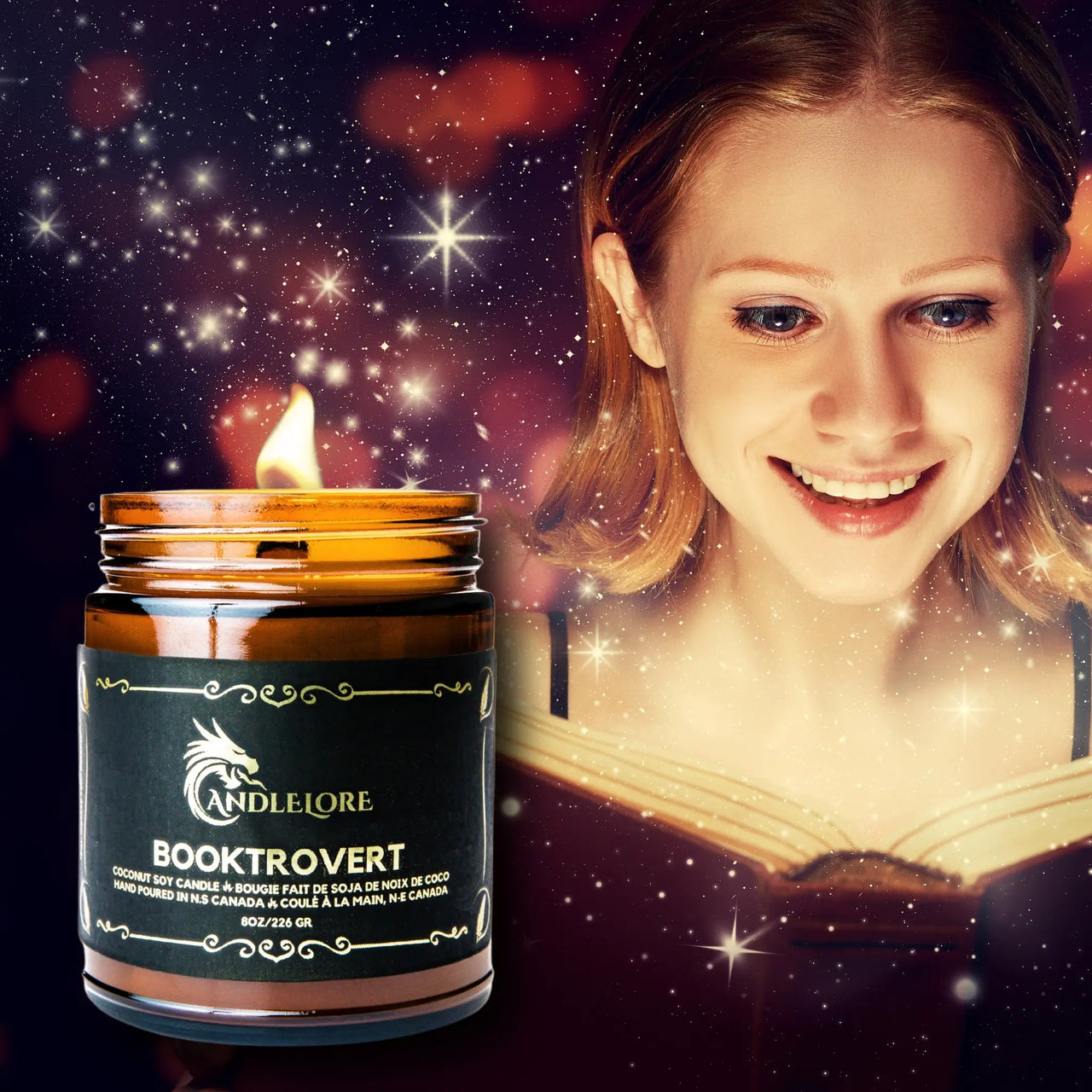 Booktrovert Candle with a mesmorized reader