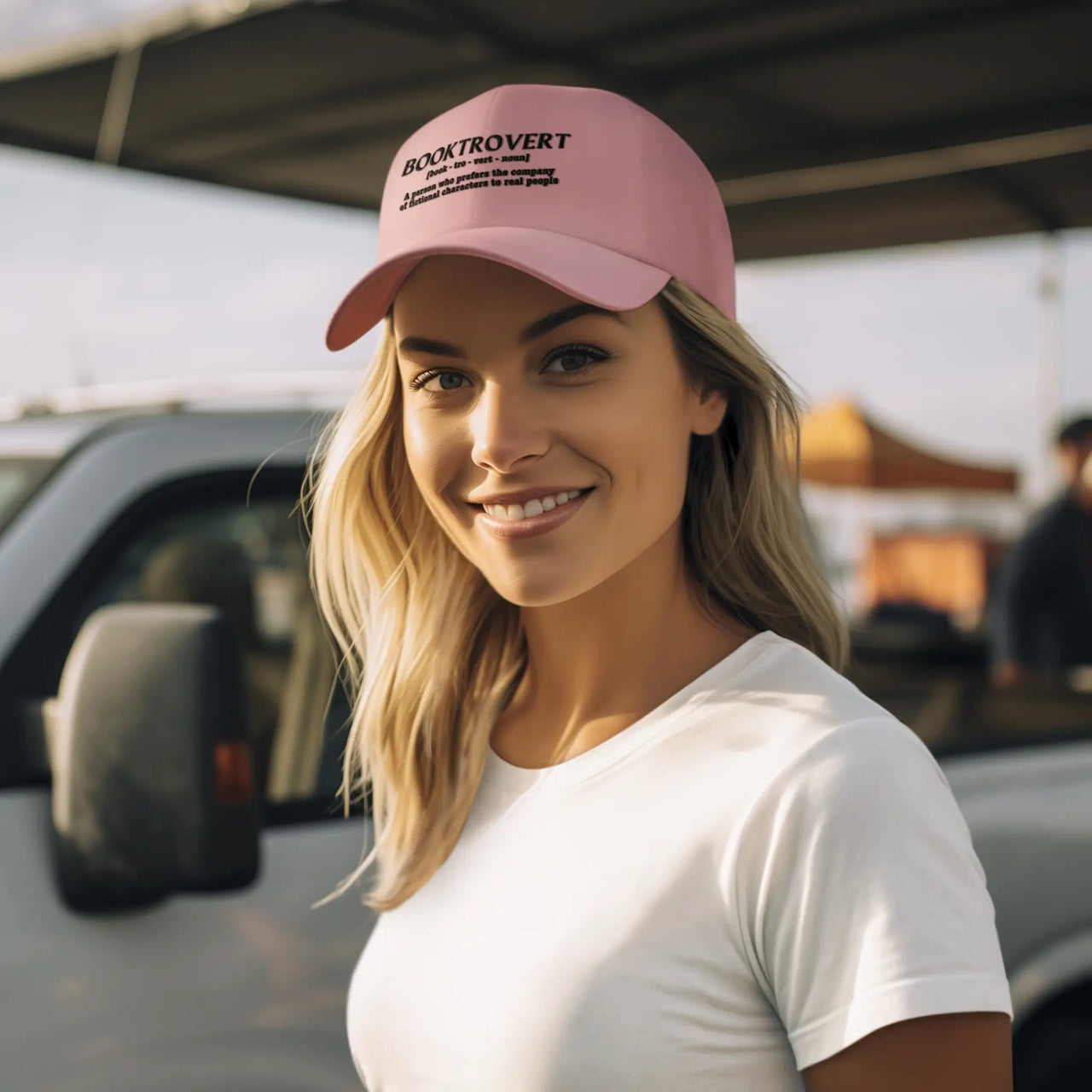 woman wearing a pink Booktrovert cap