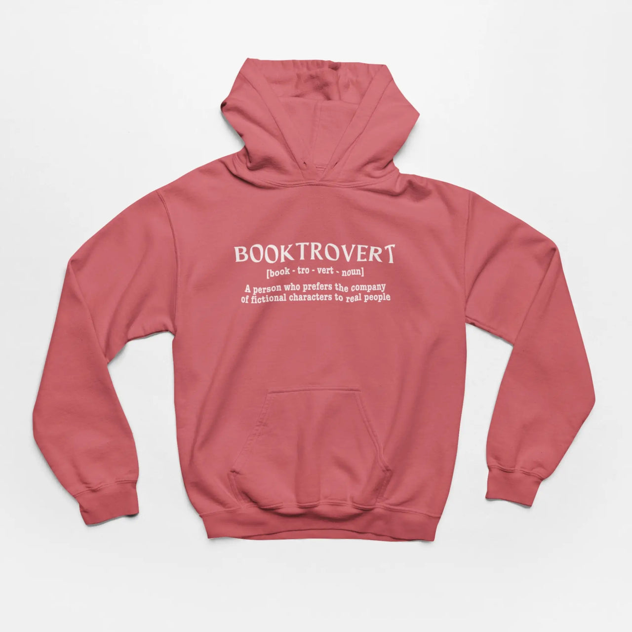 dark pink booktrovert hoodie with white text