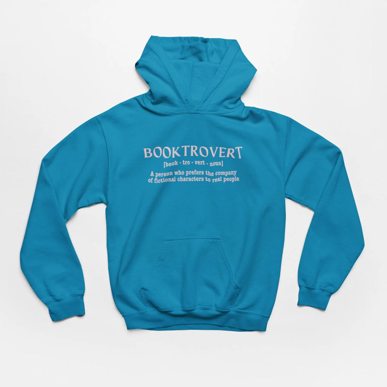 teal booktrovert hoodie with pink text