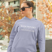 Thumbnail for woman wearing a violet booktrovert hoodie with white text