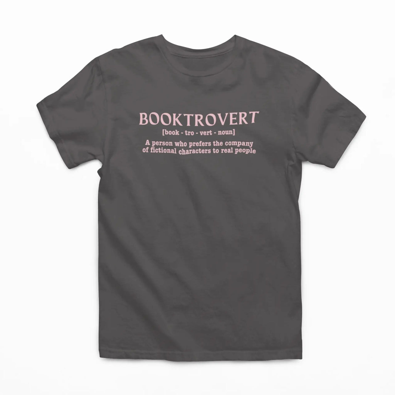 dark grey booktrovert tshirt with pink text