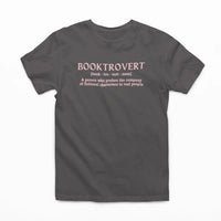 Thumbnail for dark grey booktrovert tshirt with pink text