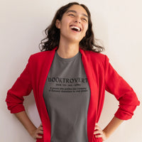 Thumbnail for woman wearing a dark grey booktrovert tshirt