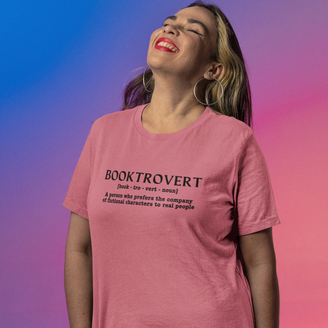 woman wearing dark pink booktrovert tshirt 