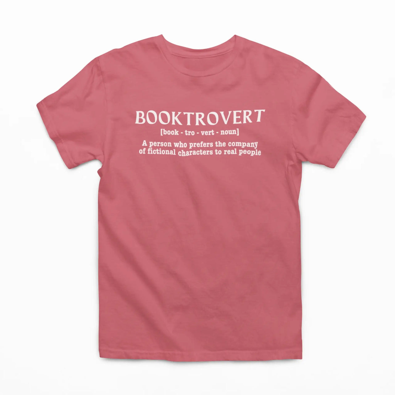 dark pink booktrovert tshirt with white text