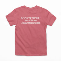 Thumbnail for dark pink booktrovert tshirt with white text