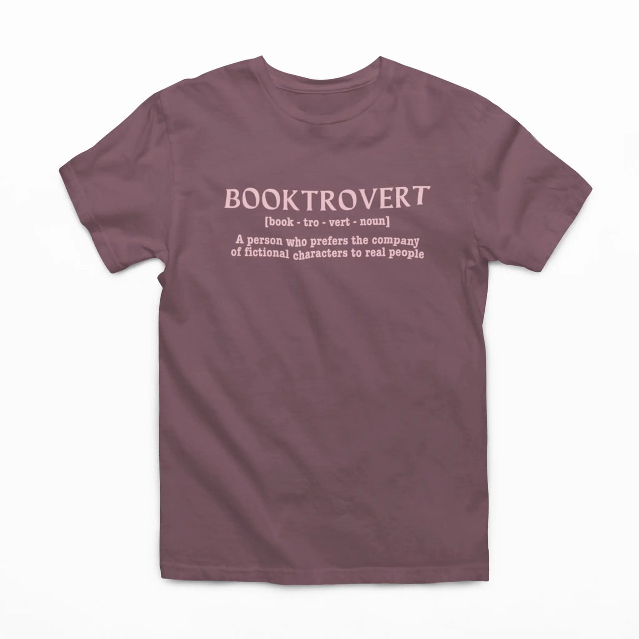 heather maroon booktrovert tshirt with pink writing