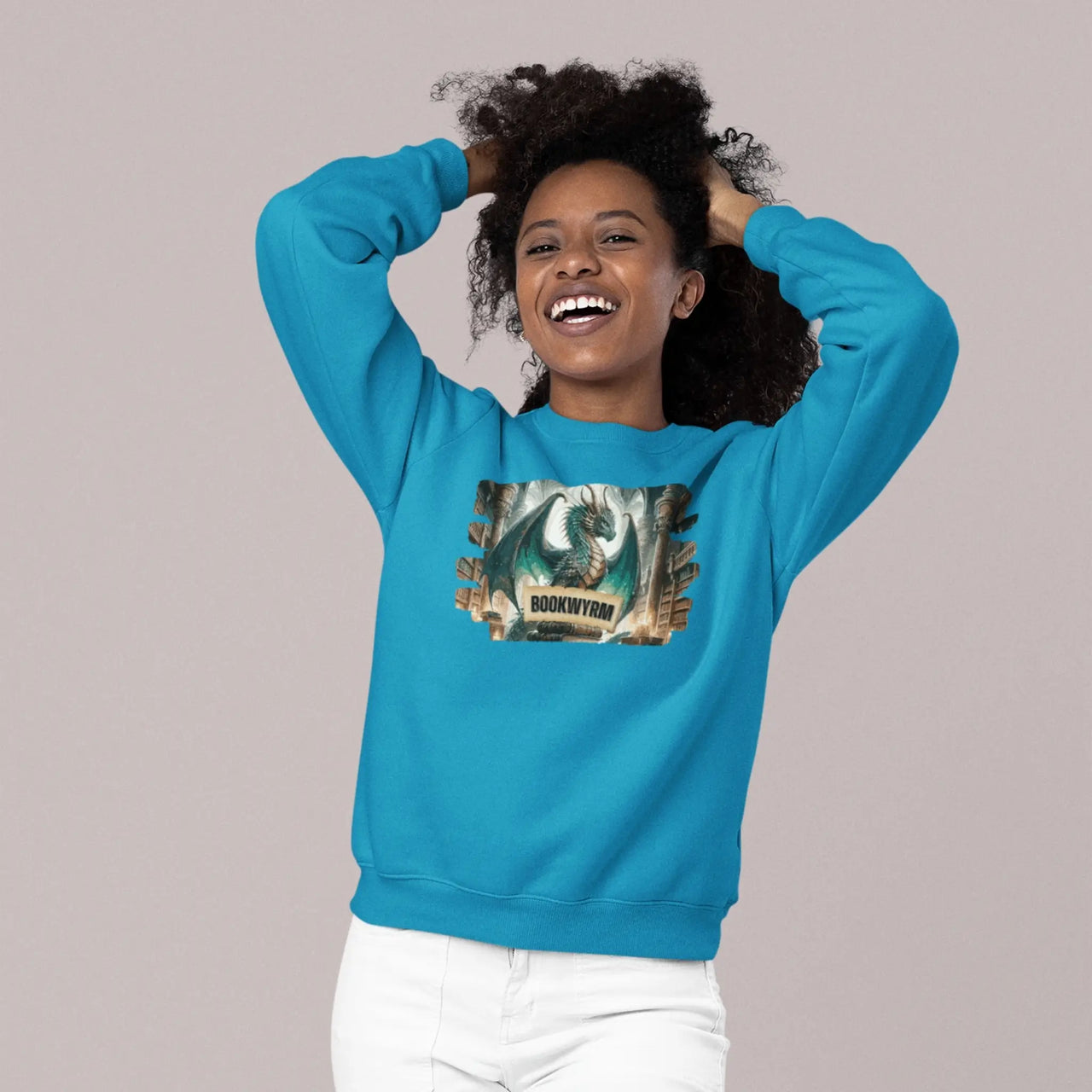 woman wearing the Teal Bookwyrm sweatshirt