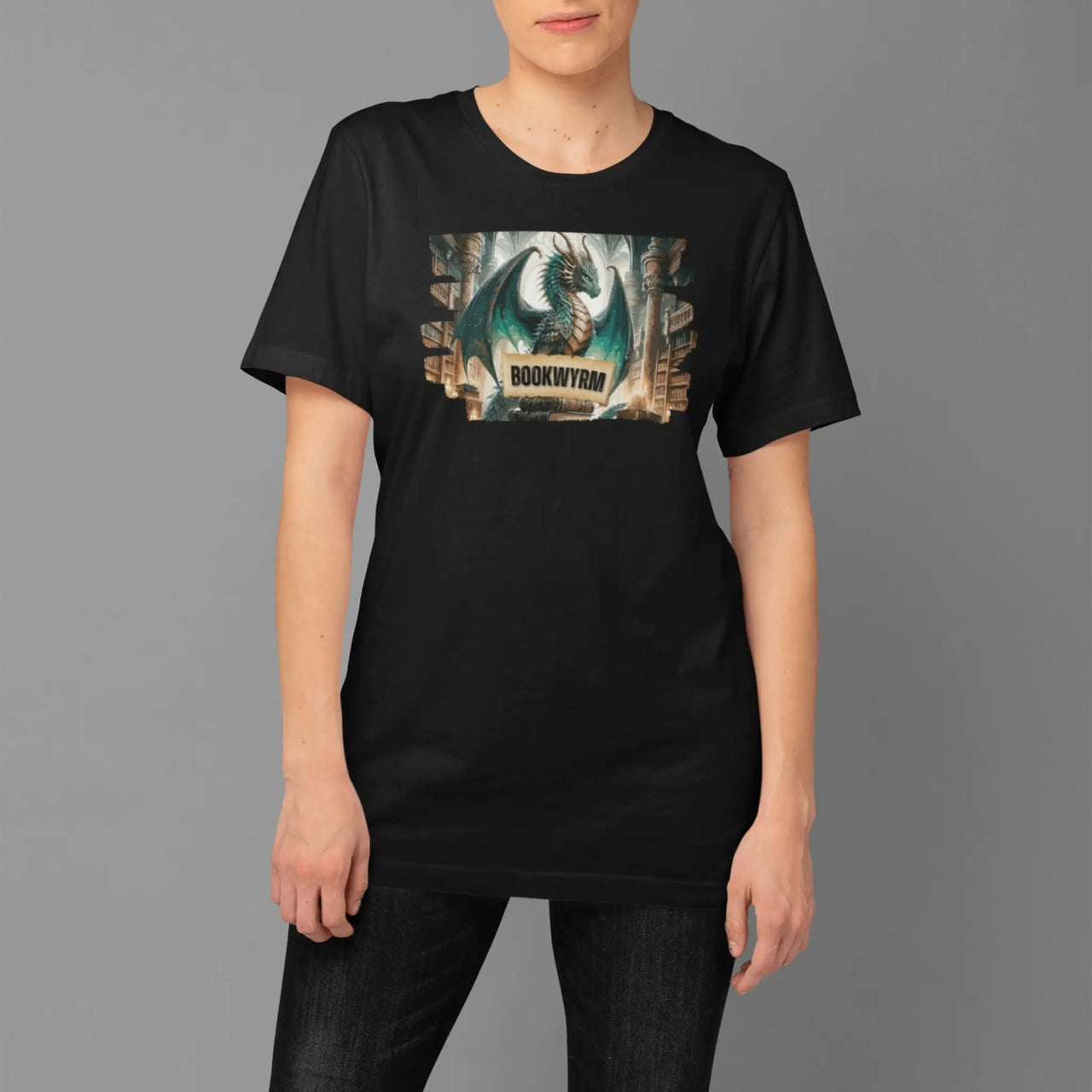 woman displaying a black bookwyrm tee