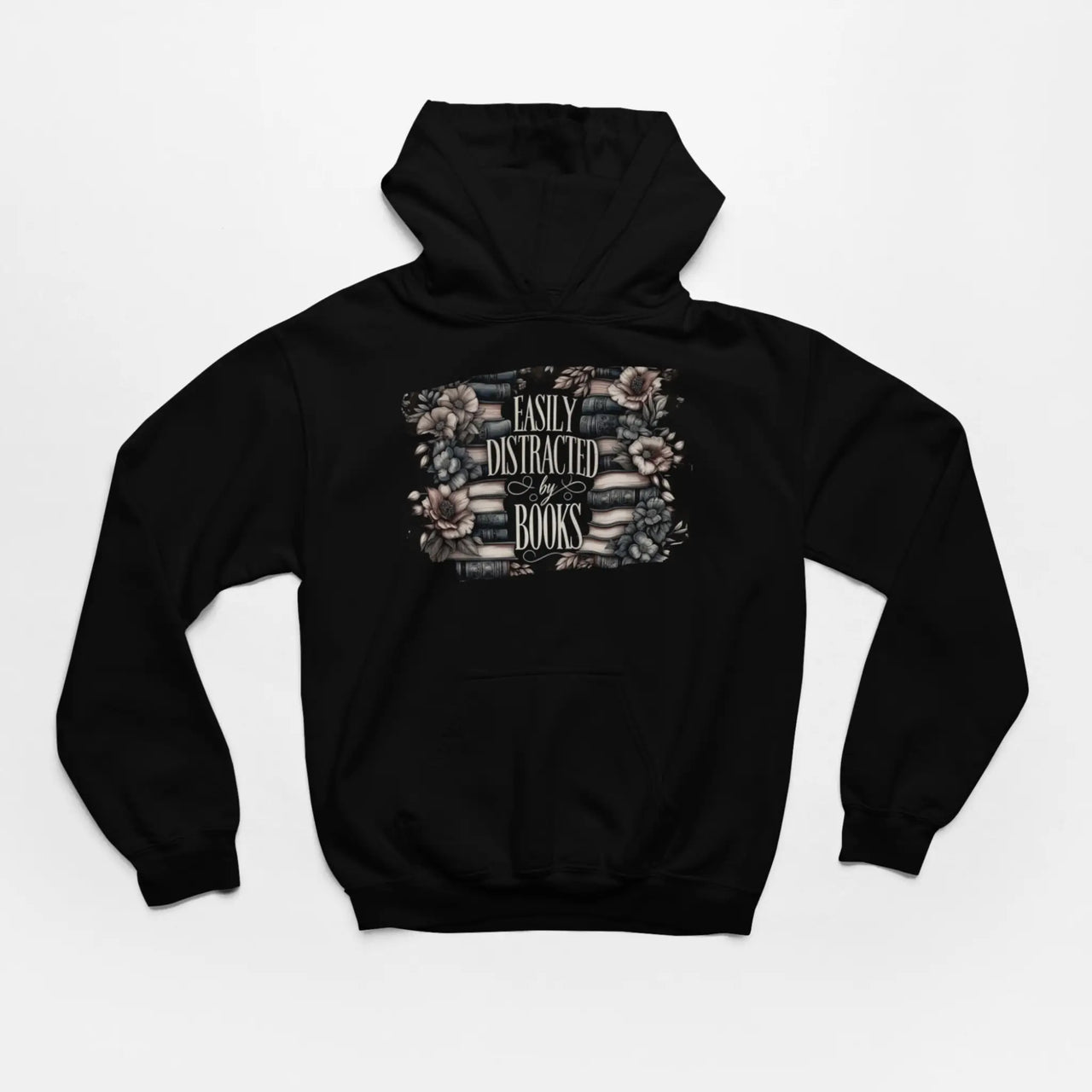 a black Easily Distracted By Books Hoodie