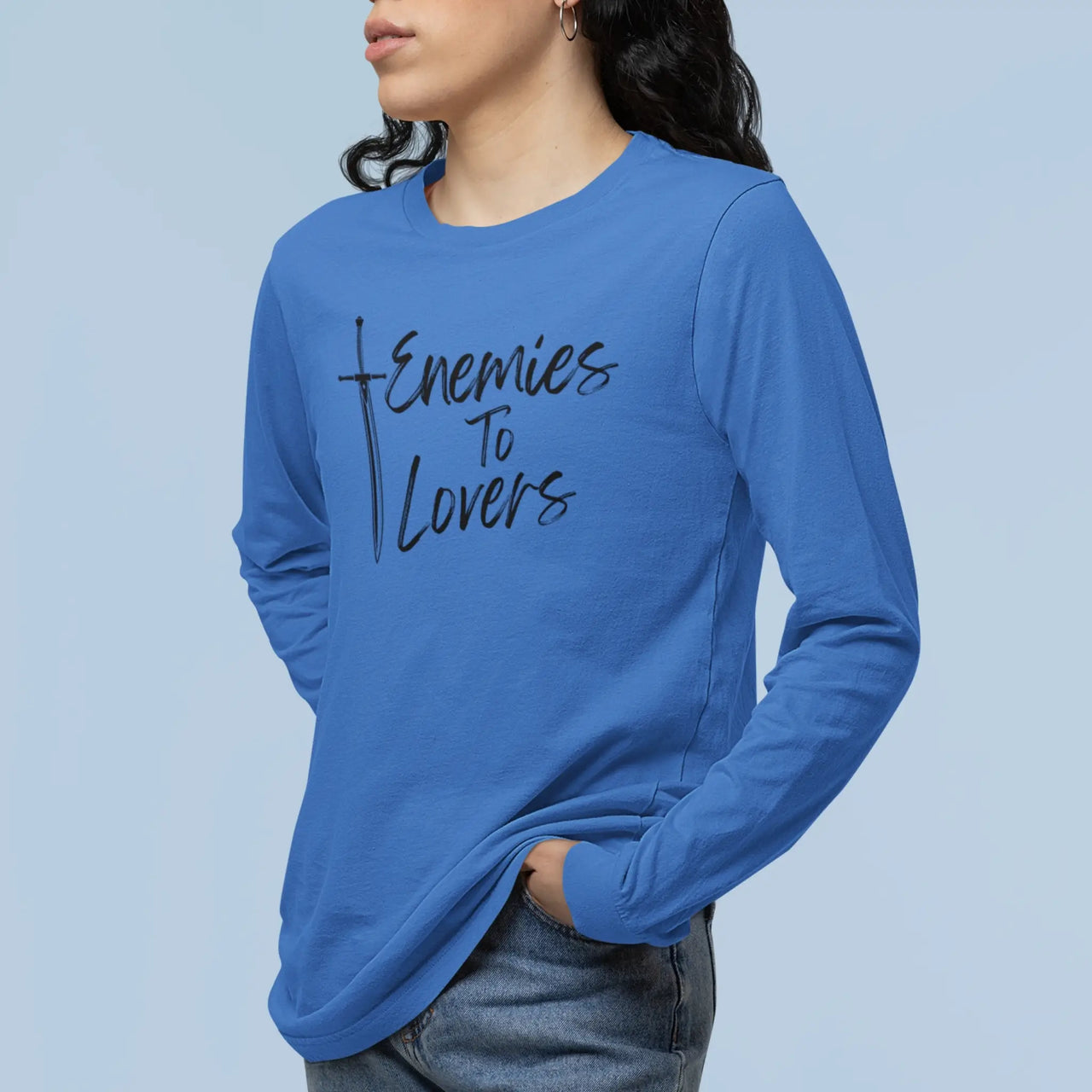 Enemies To Lovers Long Tshirt in blue with black text on display