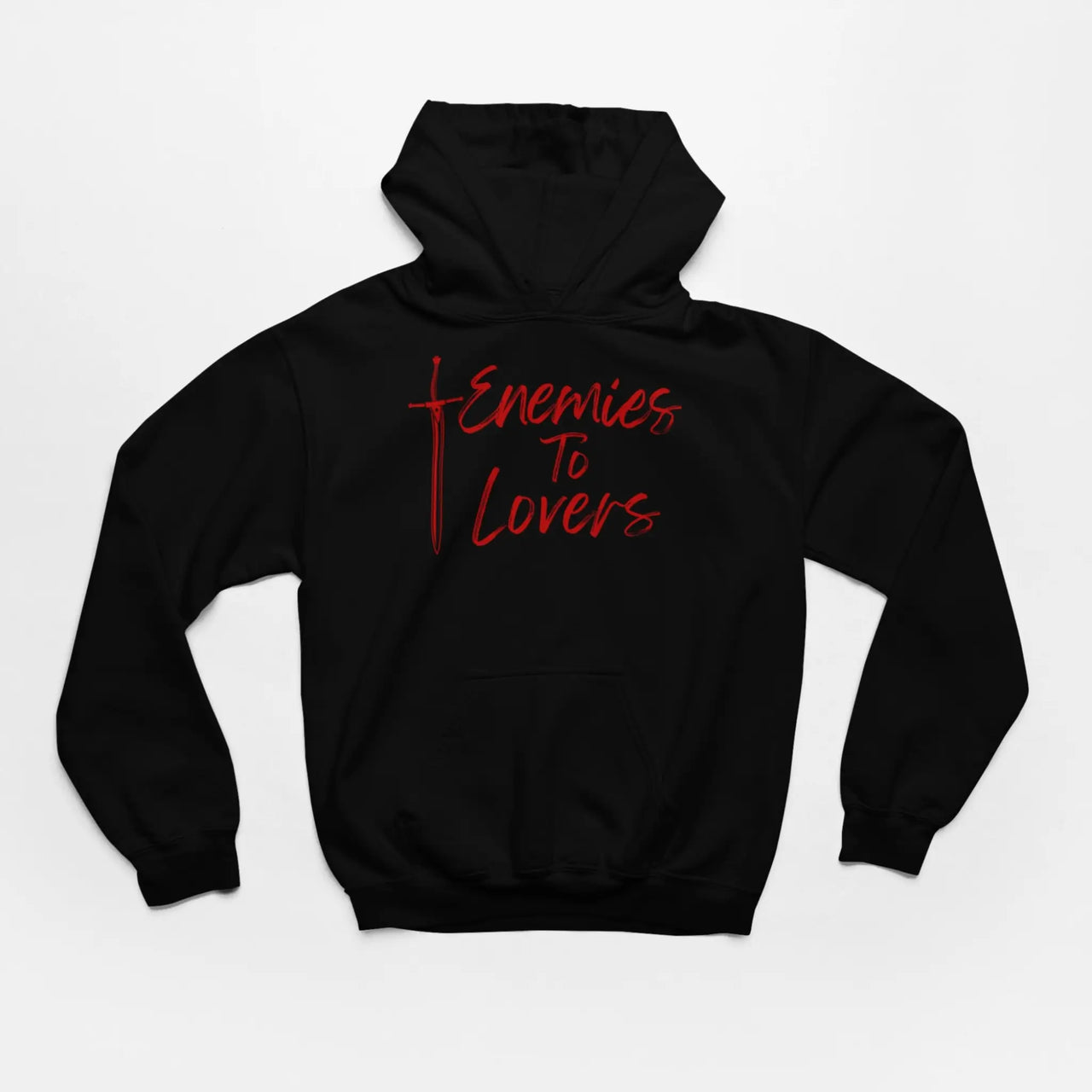 Black Enemies To Lovers Hoodie with red text