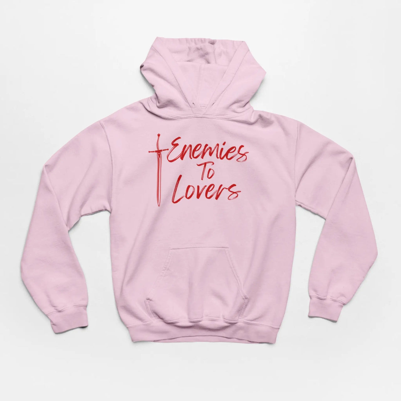 Pink Enemies To Lovers Hoodie with red text