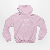 Thumbnail for Pink Enemies To Lovers Hoodie with white text