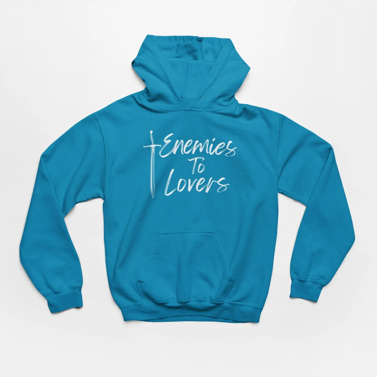 Teal Enemies To Lovers Hoodie with white text