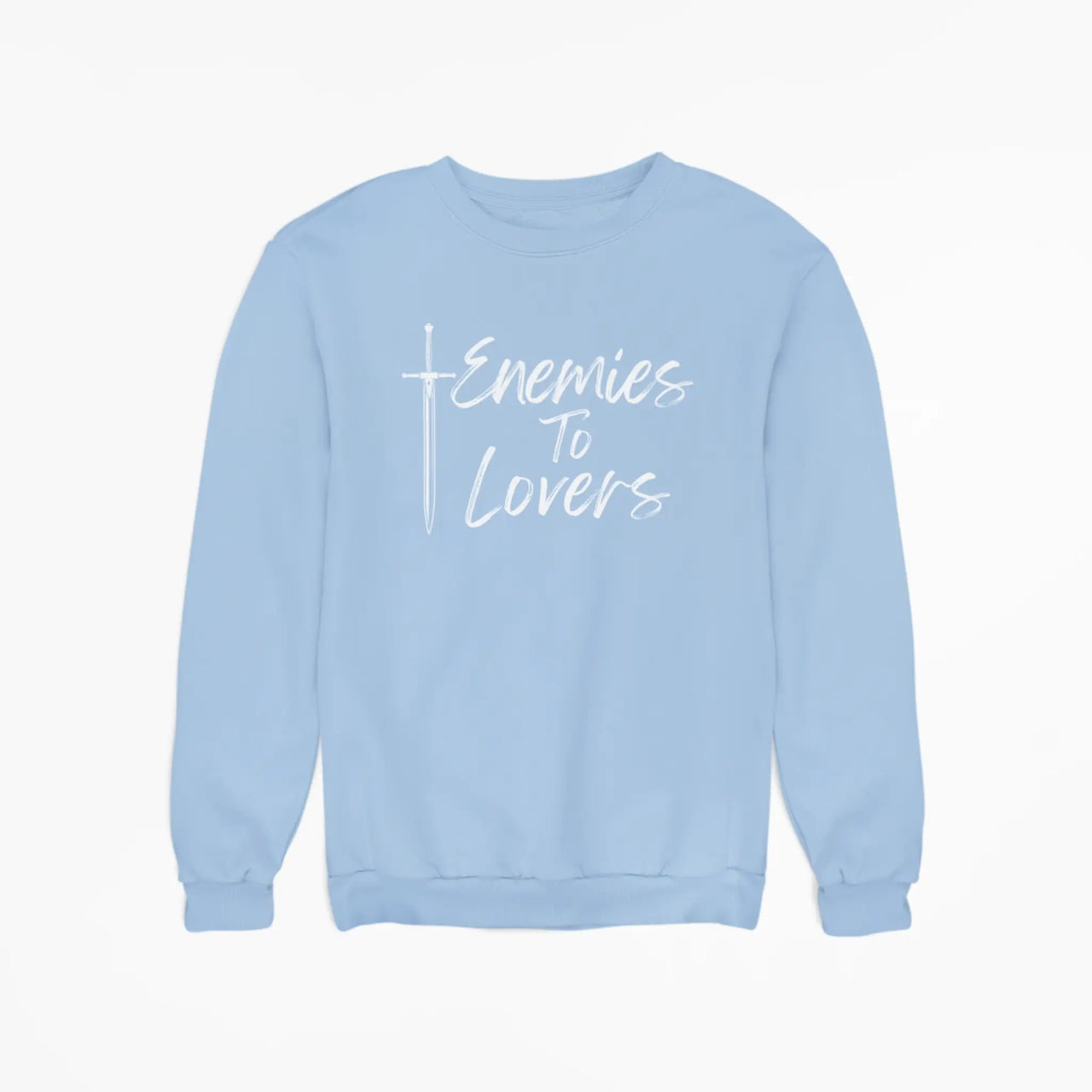 blue Enemies To Lovers sweatshirt with white text