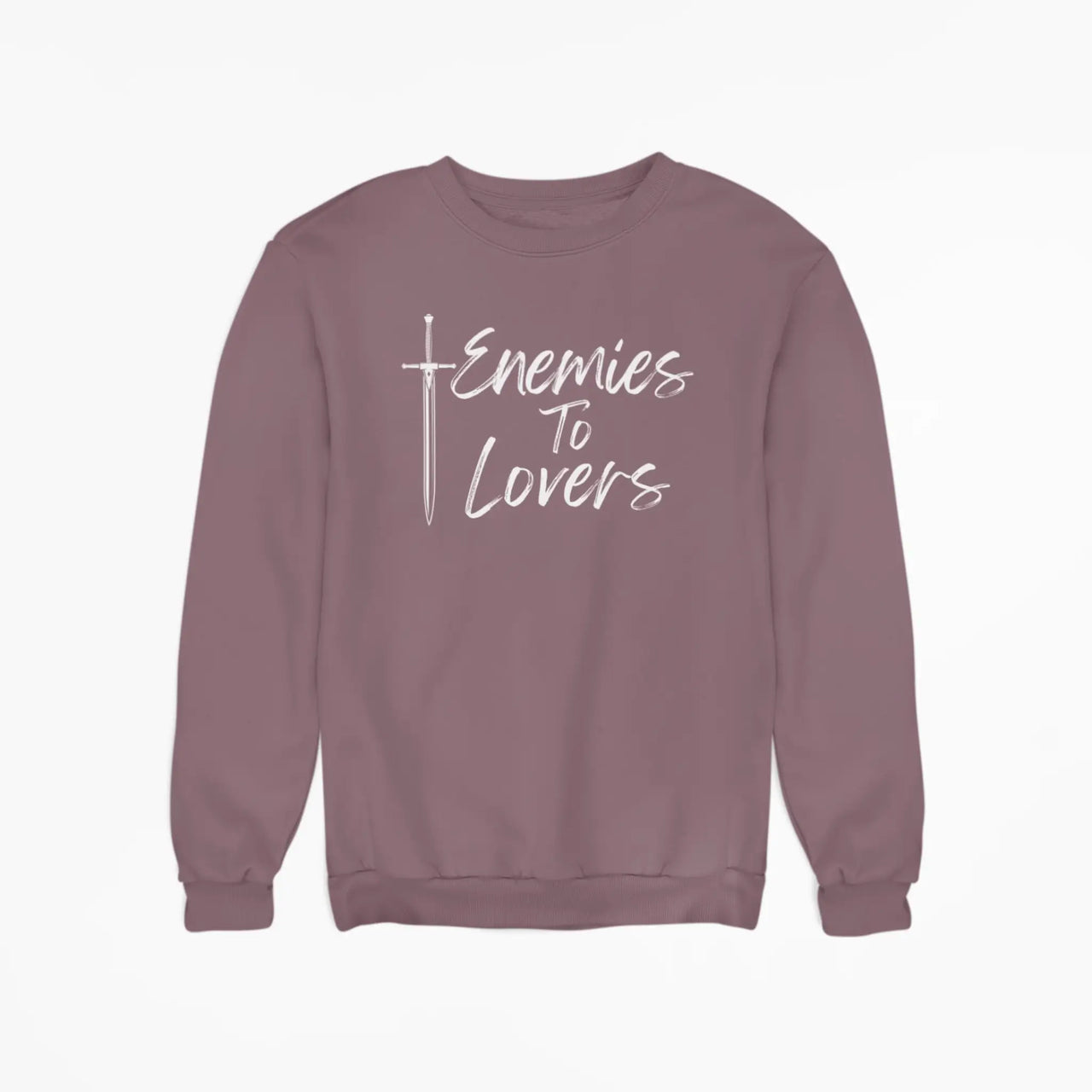 the heather maroon Enemies To Lovers sweatshirt with white text