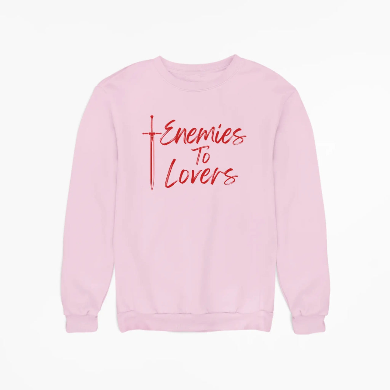 Pink Enemies To Lovers sweatshirt red text