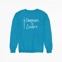 Thumbnail for teal Enemies To Lovers sweatshirt with white text