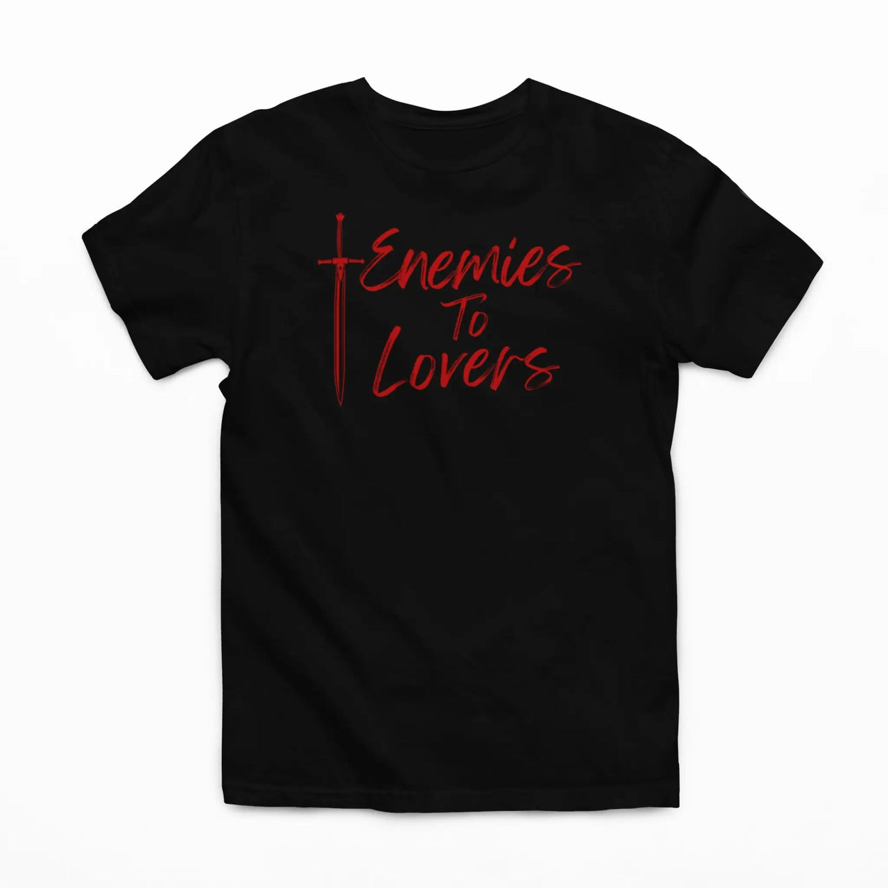 black enemies to lovers tee with red text