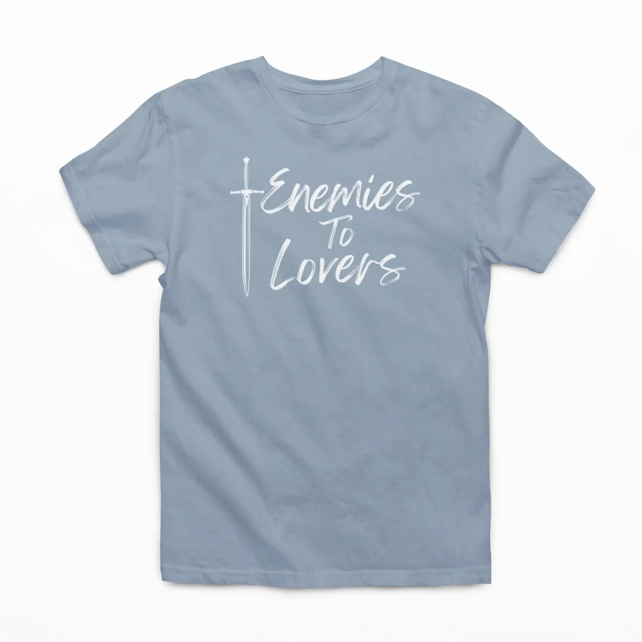 light blue Enemies To Lovers Tshirt with white text