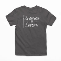 Thumbnail for dark grey Enemies To Lovers Tshirt with white text