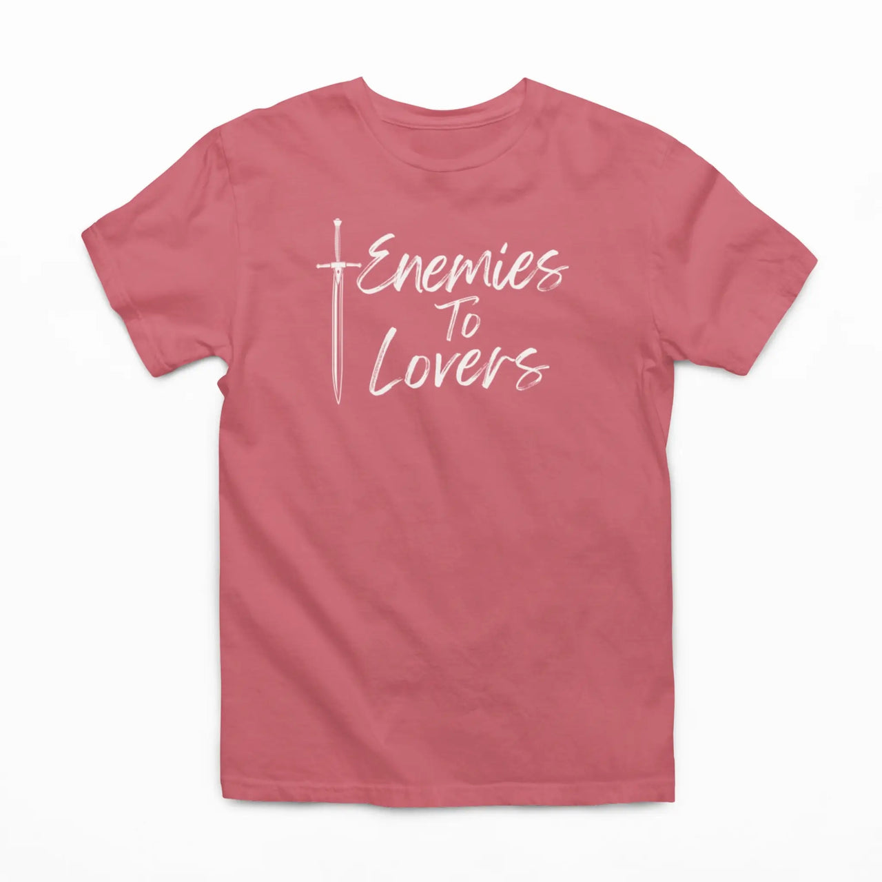 dark pink Enemies To Lovers Tshirt with white writing