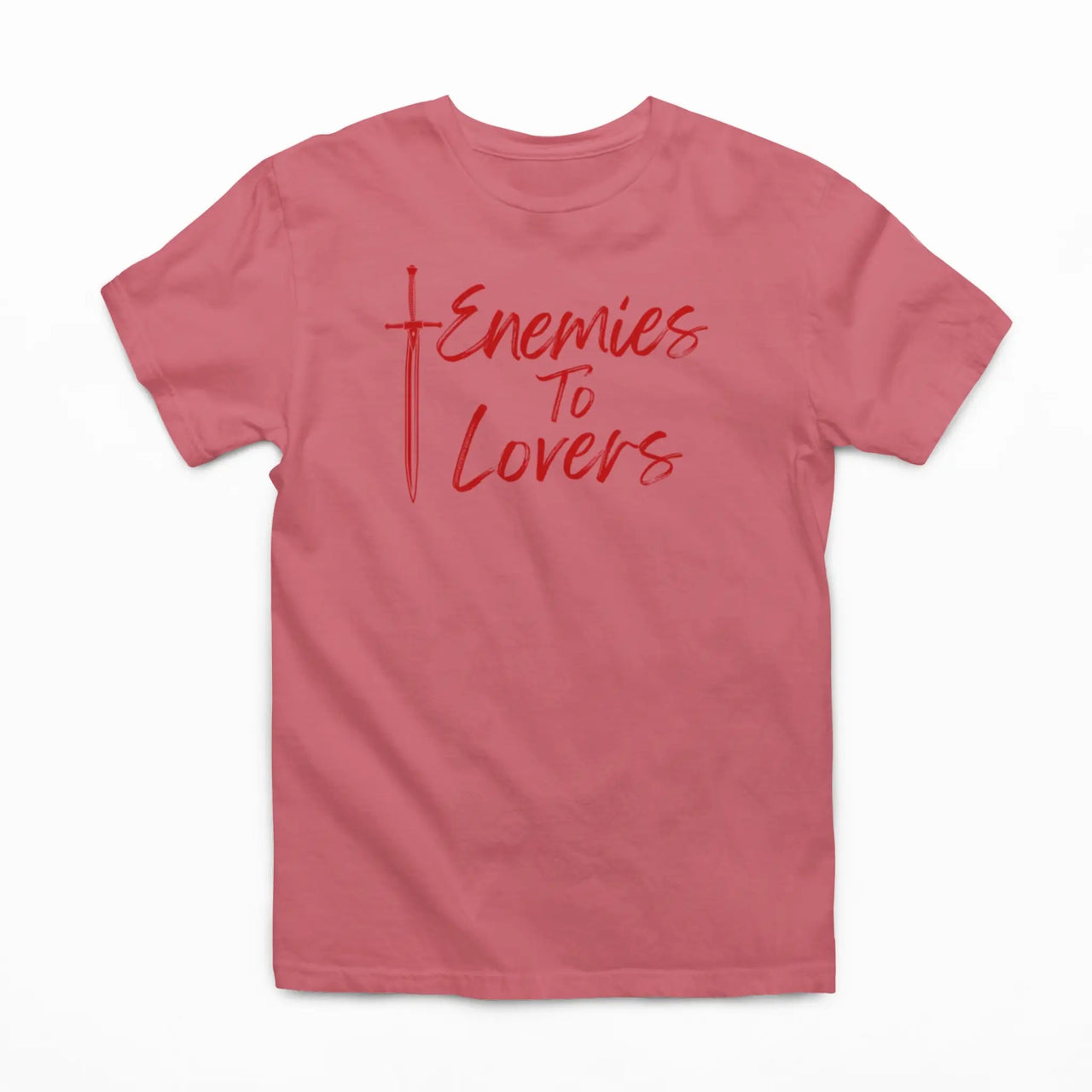 dark pink enemies to lovers tee with red text