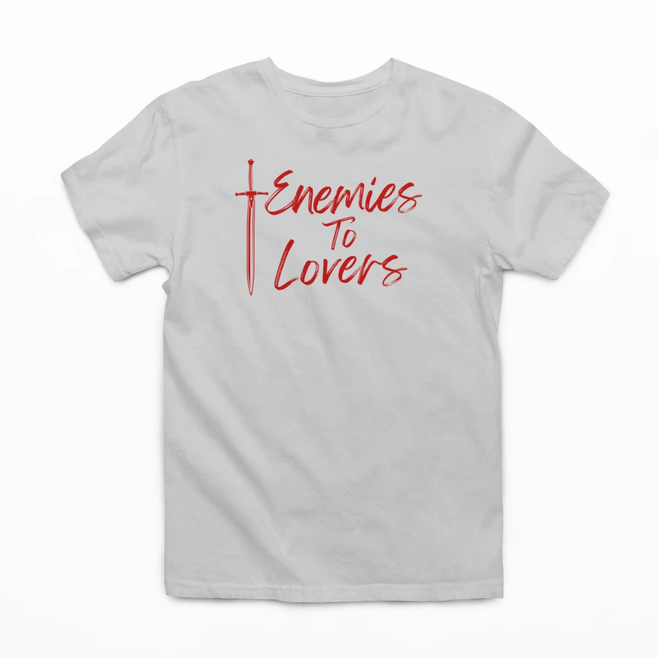 light grey enemies to lovers tee with red text