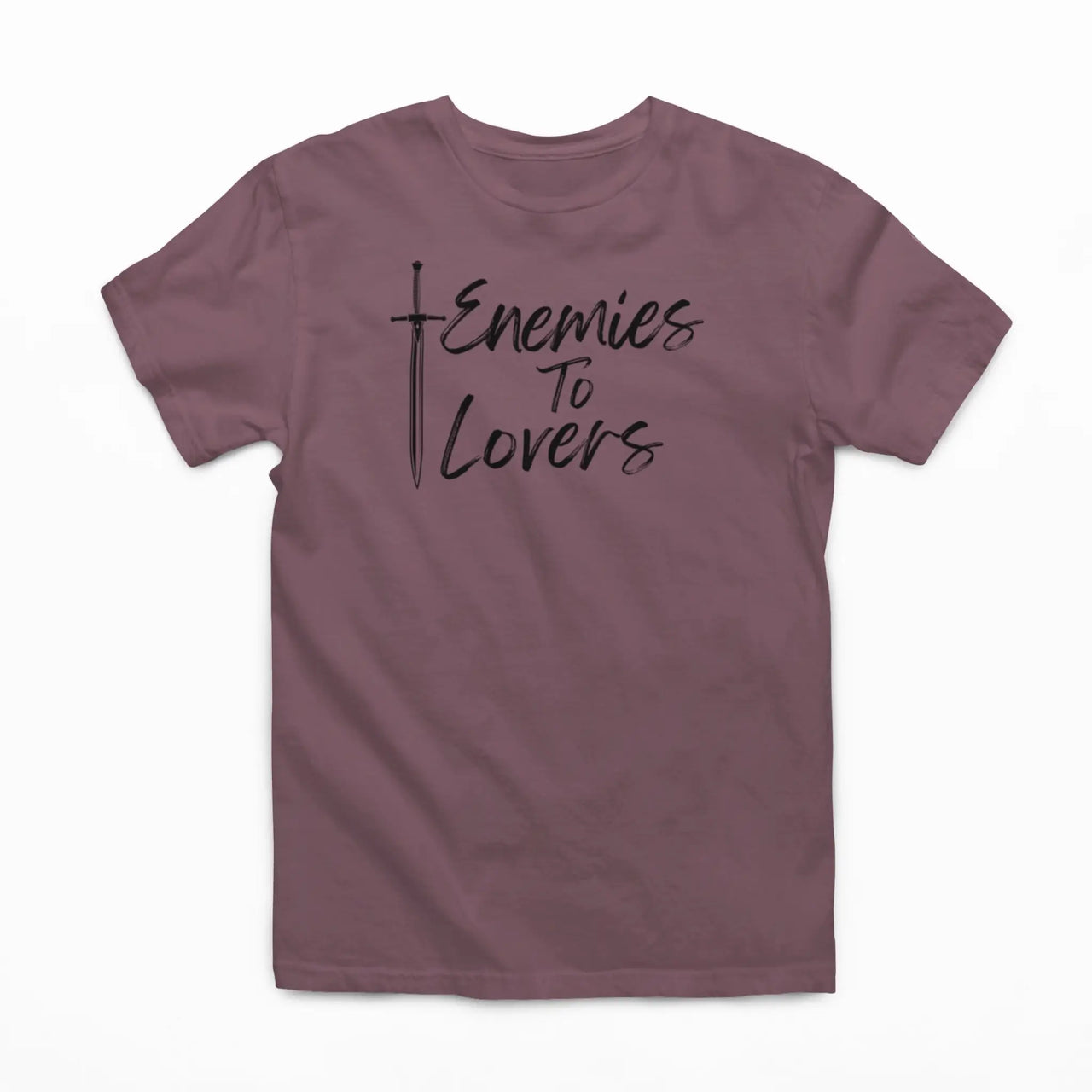 maroon Enemies To Lovers Tshirt with black writing