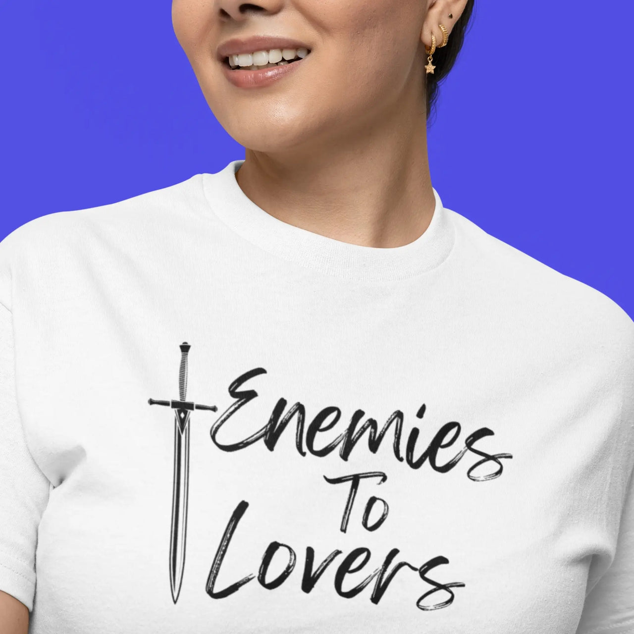 woman wearing a White Enemies To Lovers Tshirt