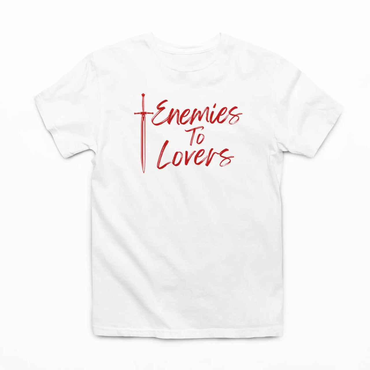 white enemies to lovers tee with red text