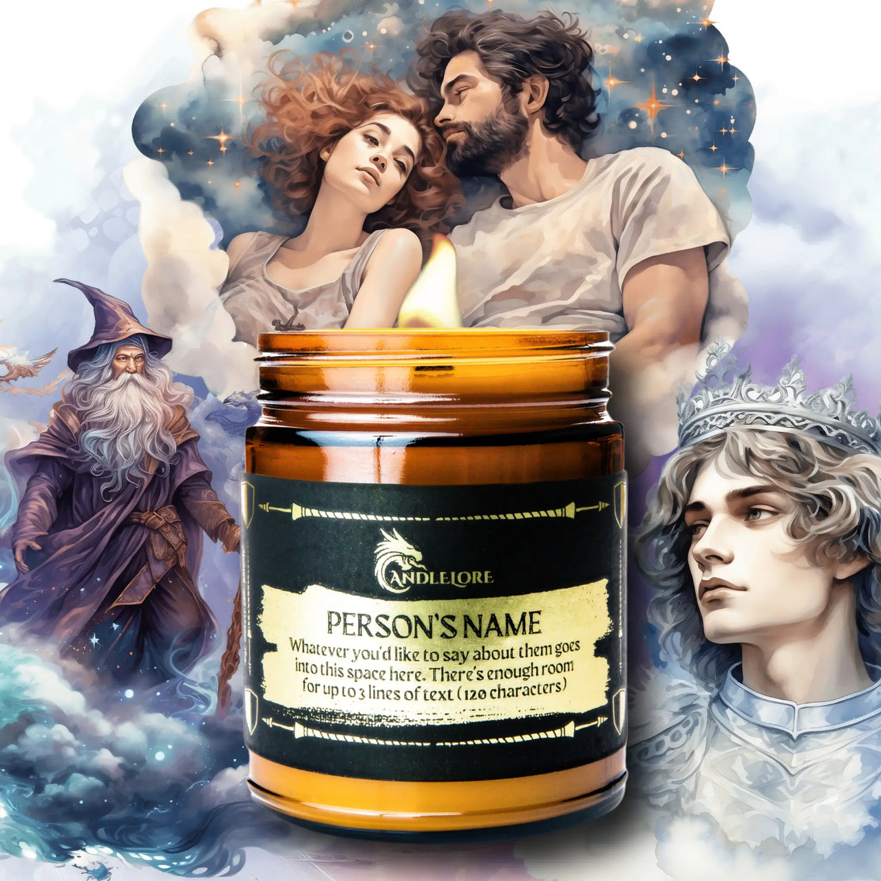 customizable fantasy candle with fantasy images around it