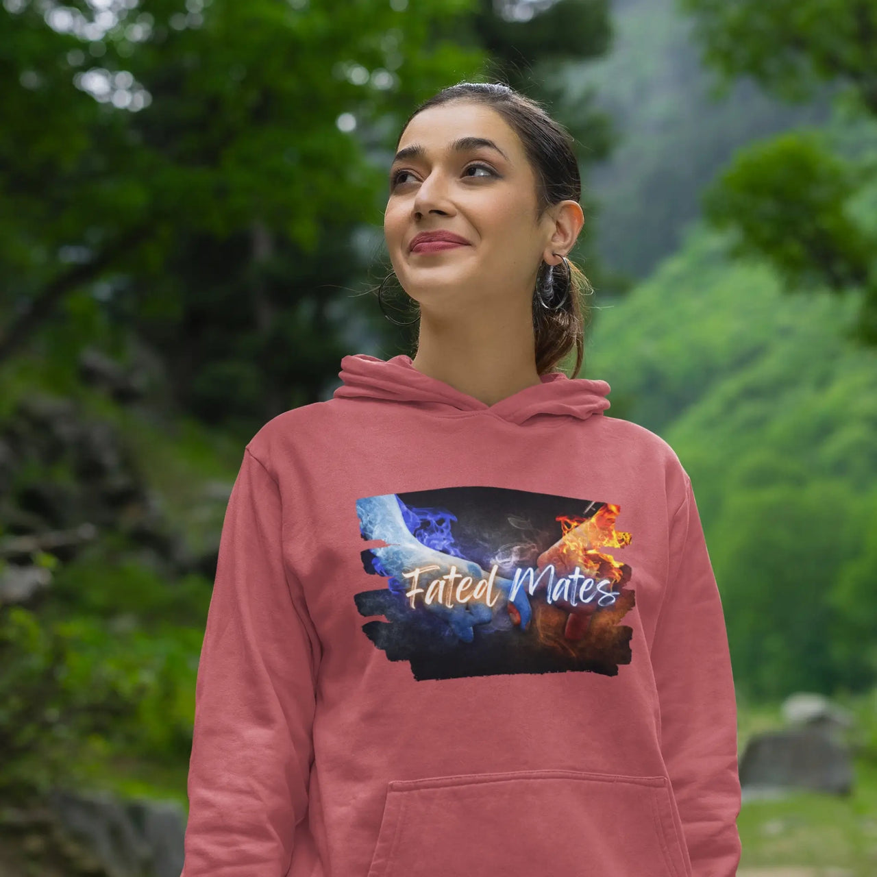 a smiling woman wearing a dark pink Fated Mates Hoodie