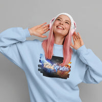 Thumbnail for woman wearing a headset also wearing a a blue Fated Mates sweatshirt