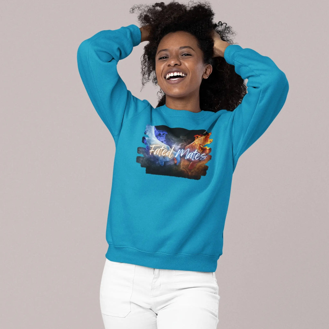 a woman showing off her Teal Fated Mates sweatshirt