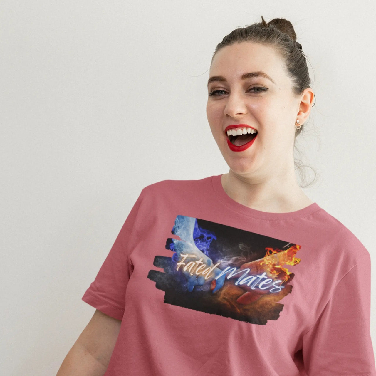 happy woman wearing the dark pink Fated Mates Tshirt