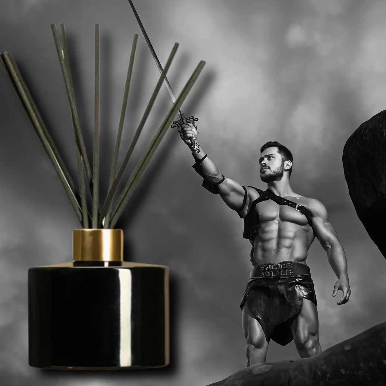 a greek warrior next to a reed diffuser