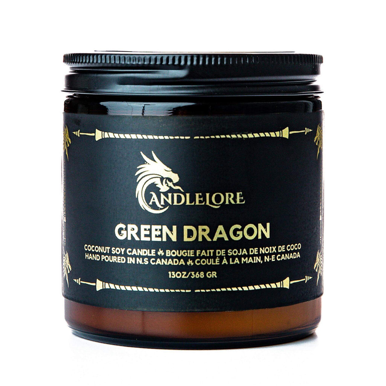 Large Green Dragon scented candle on a white background